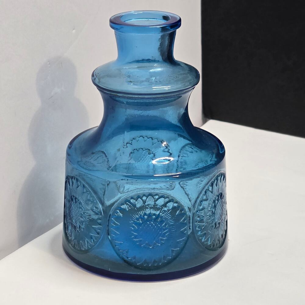 Clevenger Brothers Cobalt Blue Sunflower Pattern Windowsill Glass Bottle Vase